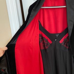 Soma Back Velvet Robe w/red satin lining, Black and Red Nightgown, and Slippers